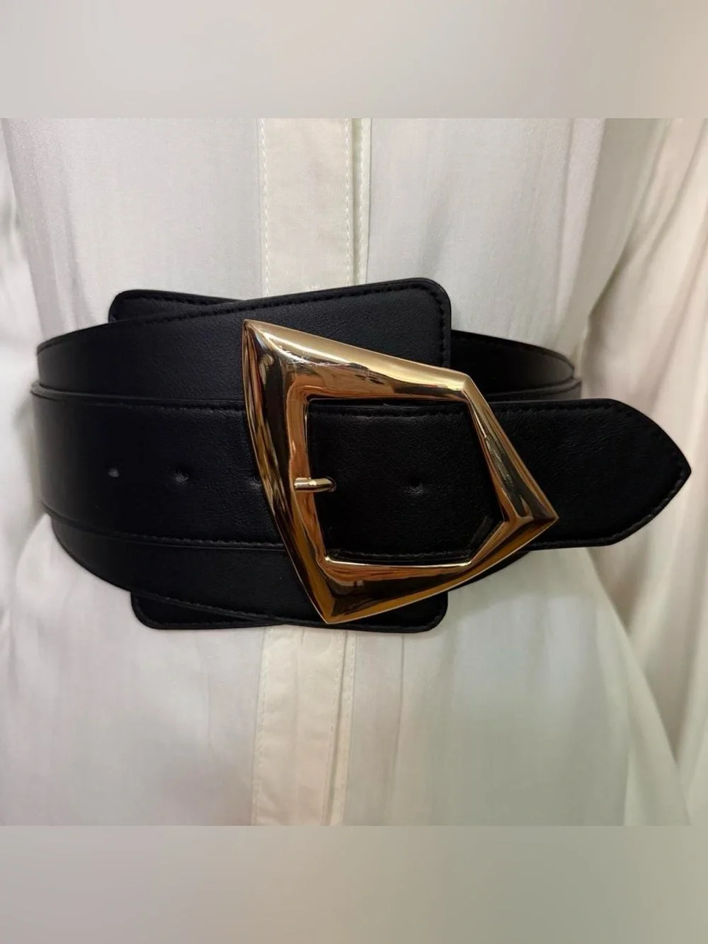Black wide PU leather elastic waistband belt with gold tone buckle